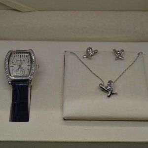 Cote d’ Azur Women’s Set: Watch, Earrings, 18” Ribbon Pendant Necklace